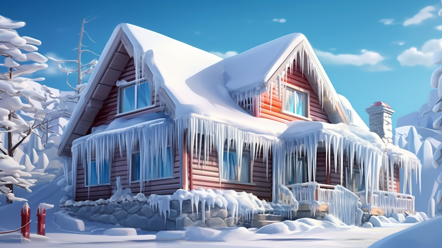 Cold weather effecting roofs with snow and hanging icicles