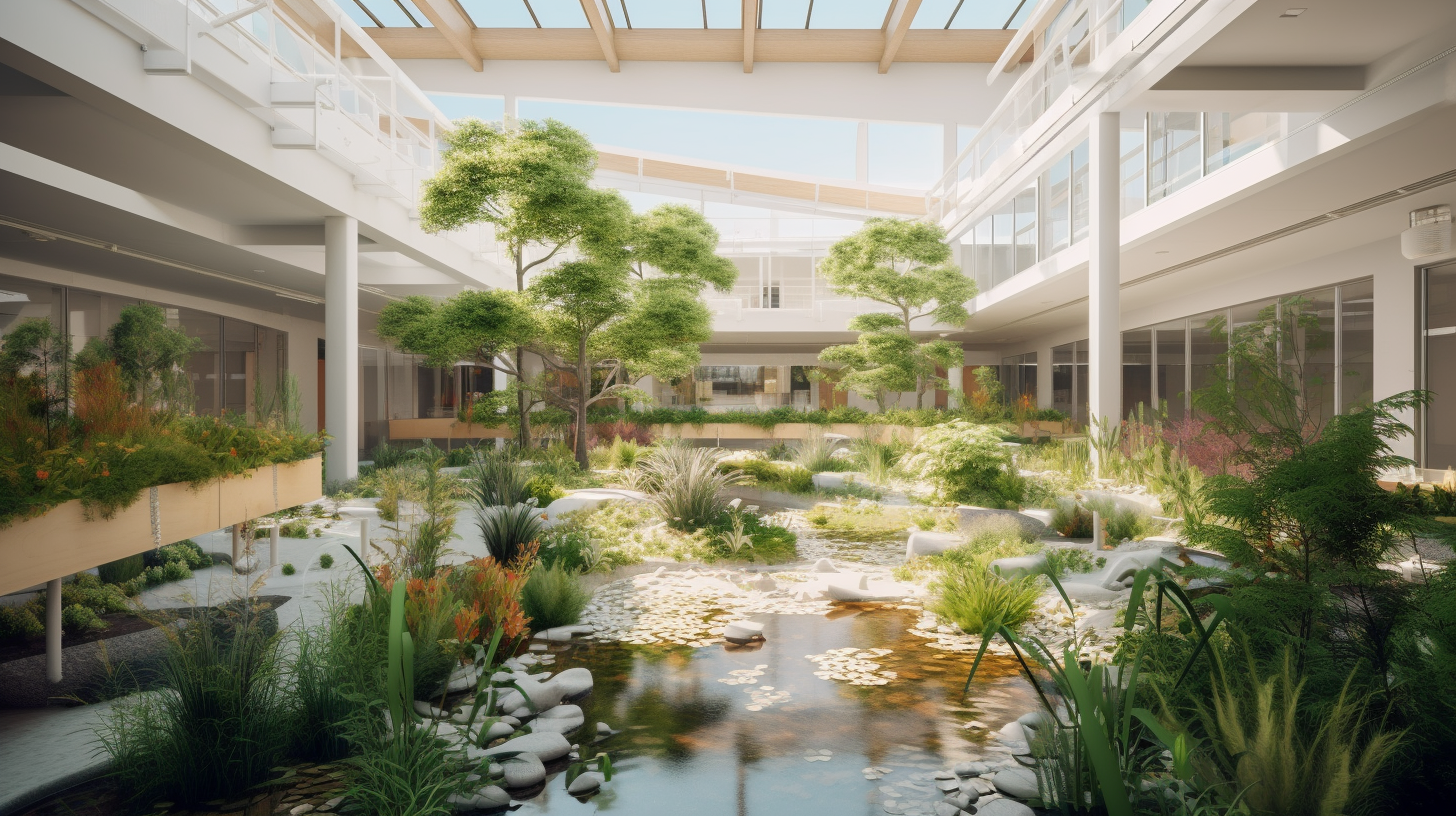 Lush greenery inside hospital with open roofing to provide sunlight