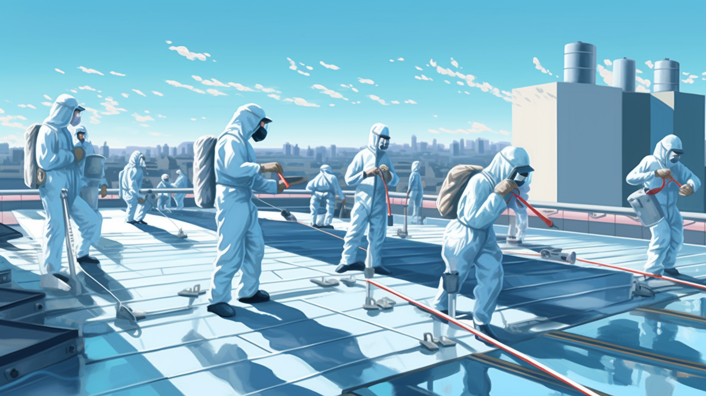 Roofing workers in protective scrubs