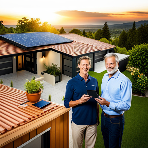 An image of a homeowner speaking with a solar energy expert on their roof, pointing to specific areas for solar panel installation