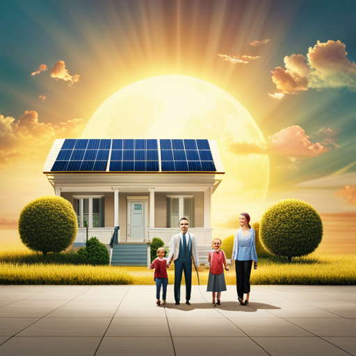 An image of a family standing in front of their house with a solar panel roof