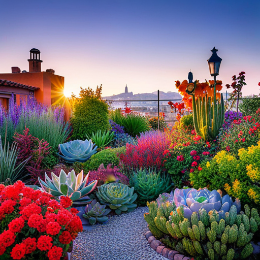 An image of a vibrant rooftop garden with various types of plants, including succulents, wildflowers, and herbs