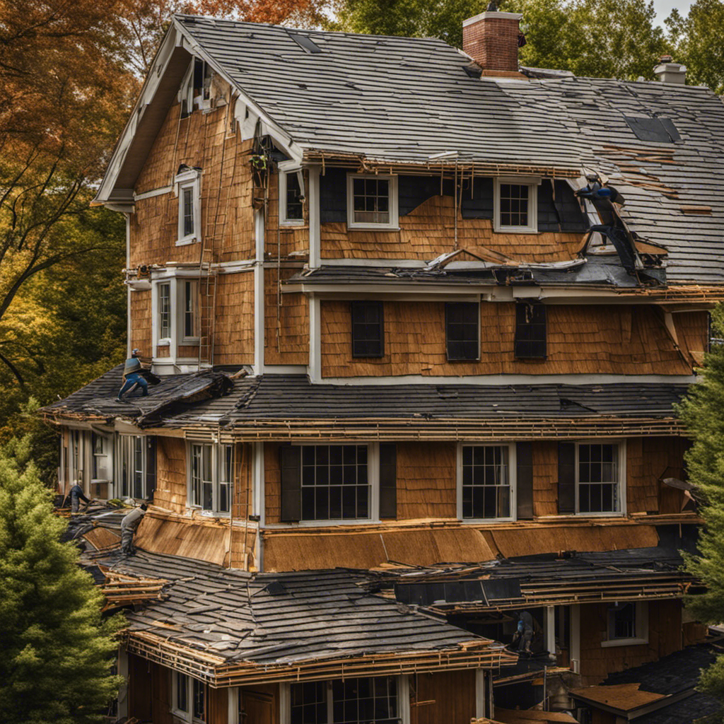 An image showcasing a house surrounded by scaffolding and workers, busy removing old shingles, layering new ones, and meticulously hammering them in place, capturing the intricate process of roof replacement