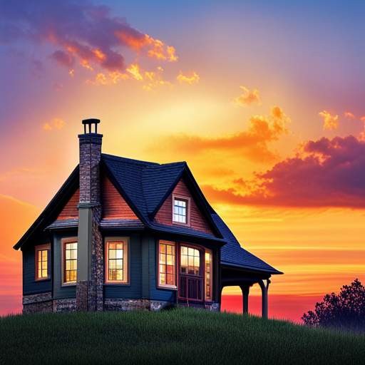 An image capturing the silhouette of a cozy suburban house against a vibrant sunset sky