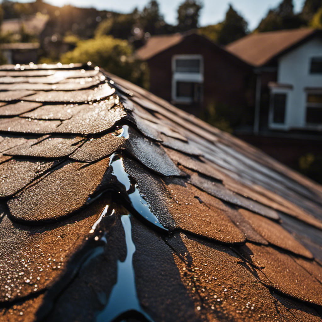 An image featuring a close-up of a damaged roof with water dripping through the cracks, capturing the sunlight reflecting off the droplets and showcasing the urgency of the decision to claim a roof leak on insurance