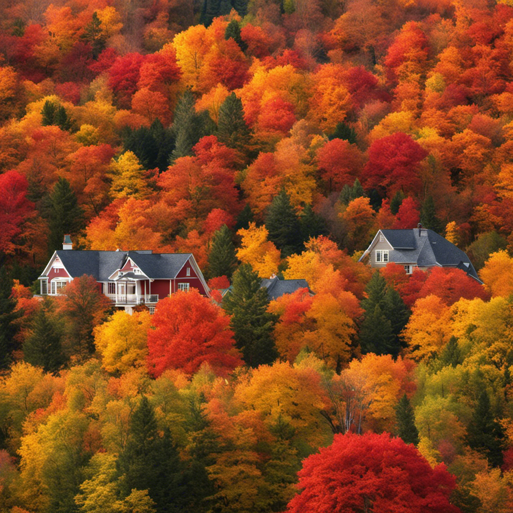 An image showcasing a vibrant autumn landscape with leaves in various shades of red, orange, and gold gently falling onto a house with a brand-new roof, highlighting the ideal time of year for roof replacement