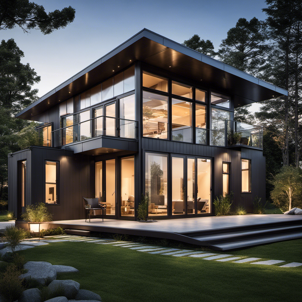 An image showcasing a beautiful modern house with a sleek, energy-efficient metal roof, complemented by solar panels, adding value and sustainability