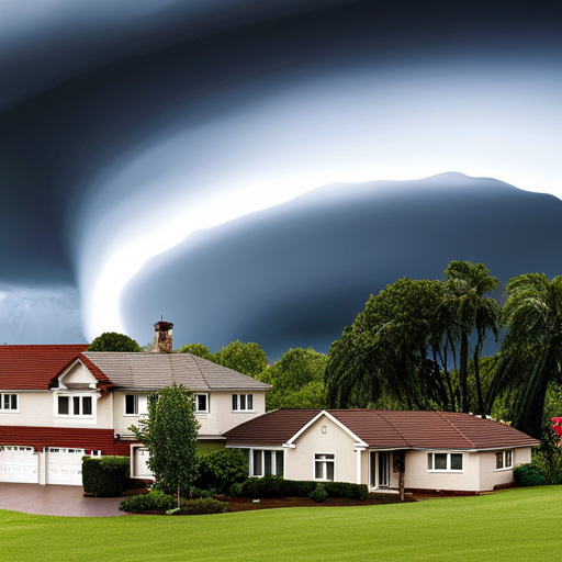 An image depicting a powerful storm with dark, menacing clouds, where gusts of wind violently swirl around a residential area, causing shingles to fly off roofs, trees to bend, and debris to scatter, showcasing the destructive potential of extreme wind speeds