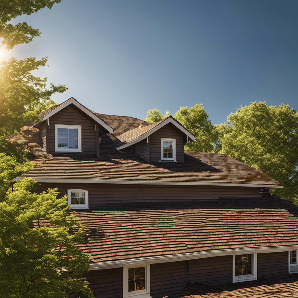 An image of a scorching summer day, with the sun beating down on a residential roof covered in asphalt shingles