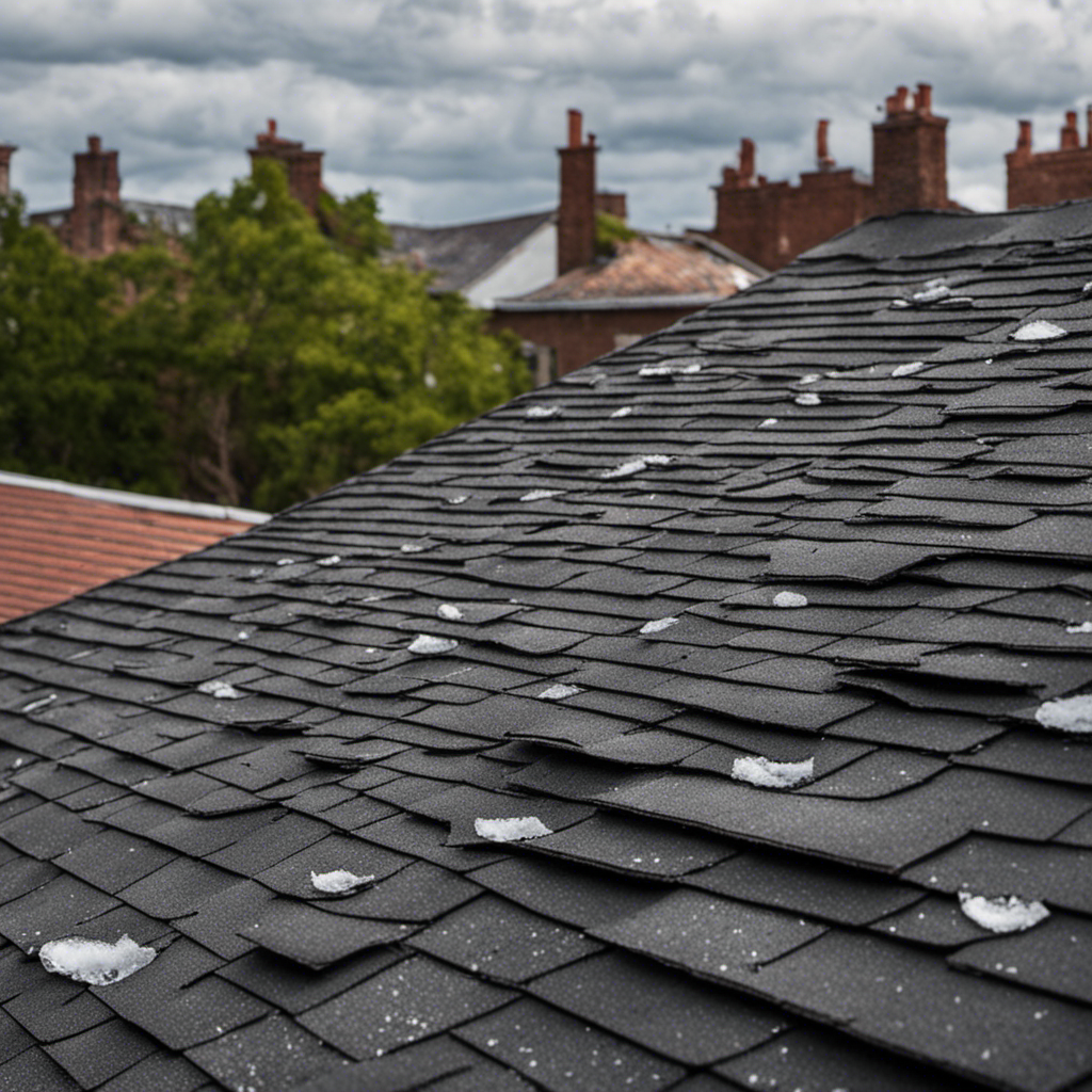 An image showcasing a rooftop with cracked shingles, surrounded by hailstones of varying sizes