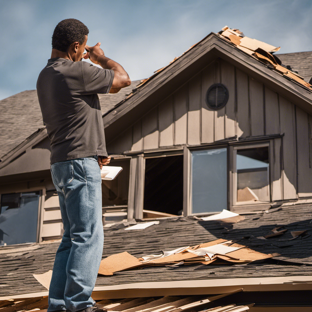 An image showcasing a distressed homeowner pointing at a severely damaged roof with blistering shingles, while an insurance agent stands nearby, holding a policy document and wearing a concerned expression