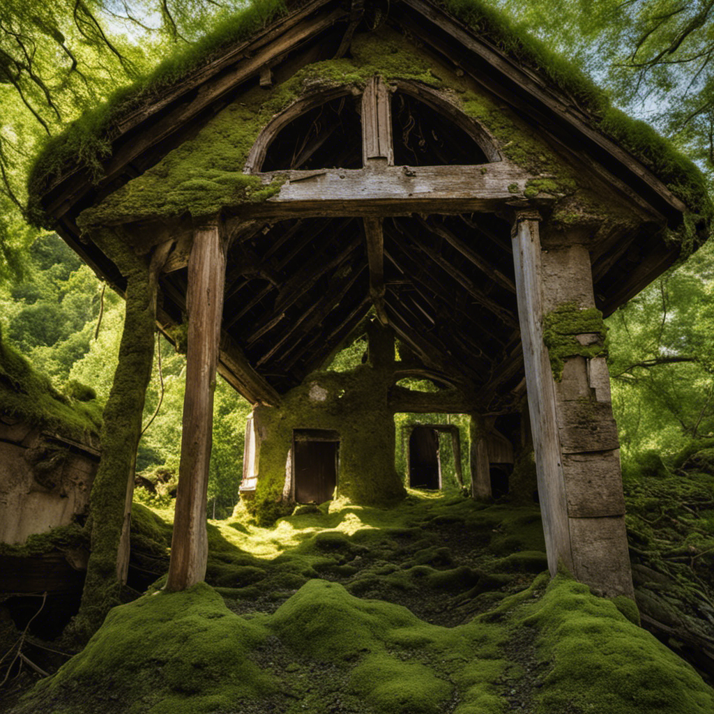 An image featuring a dilapidated roof, sagging with age and covered in moss