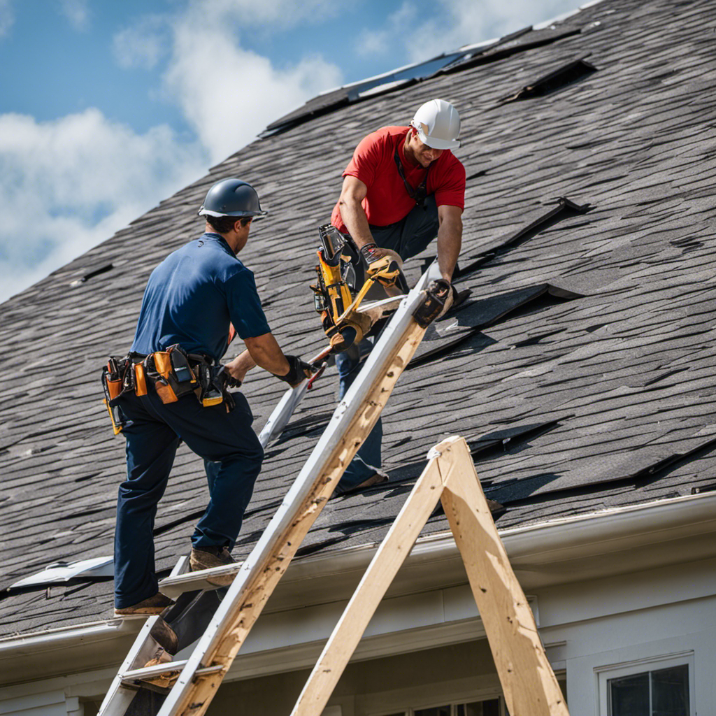 An image of a homeowner standing on a ladder, pointing at multiple damaged shingles on their roof, while an insurance adjuster carefully inspects and takes notes, capturing the uncertainty and importance of having insurance inspect your roof