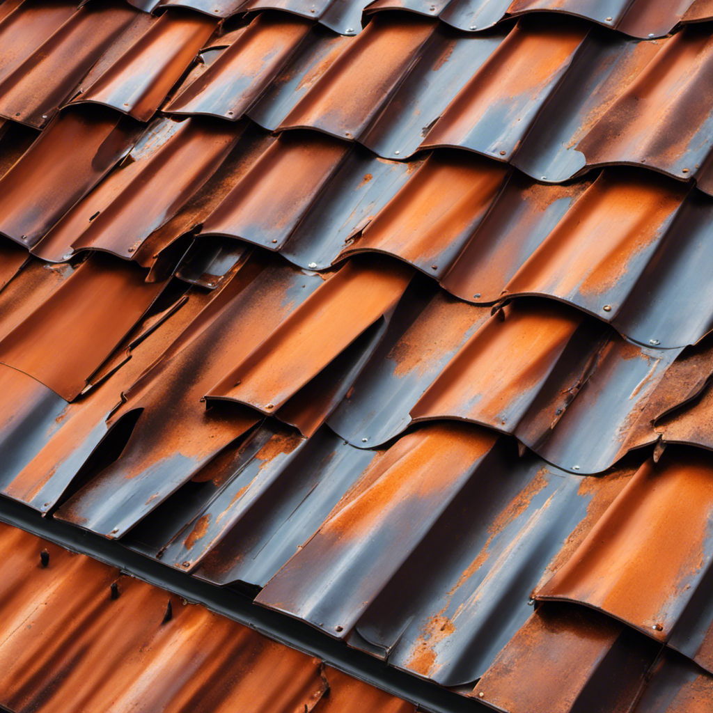 An image showcasing a dilapidated metal roof with visible rust patches, dented panels, and loose screws