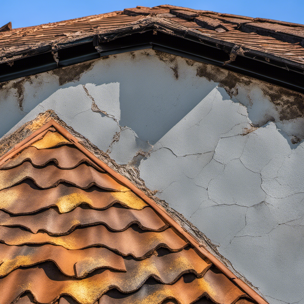 An image showcasing a deteriorating roof covered in cracked and peeling sealant, exposing vulnerable areas