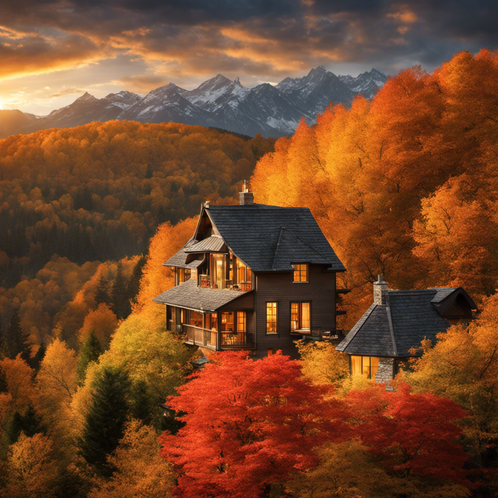 An image showcasing a charming autumn landscape, with golden leaves falling gently on a sturdy rooftop