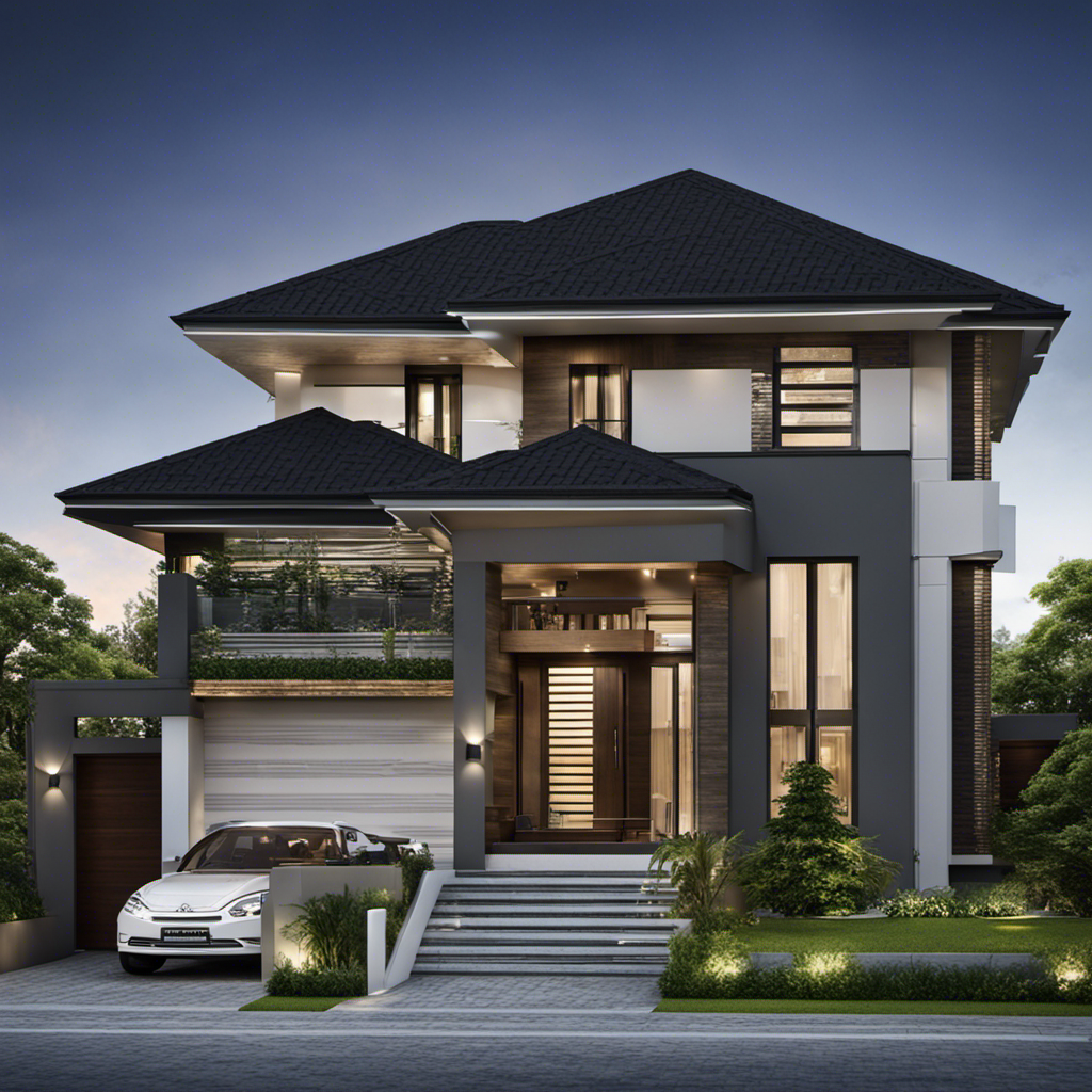 An image that showcases a sturdy, symmetrical house with a sleek, sloping roof made of dark, interlocking tiles