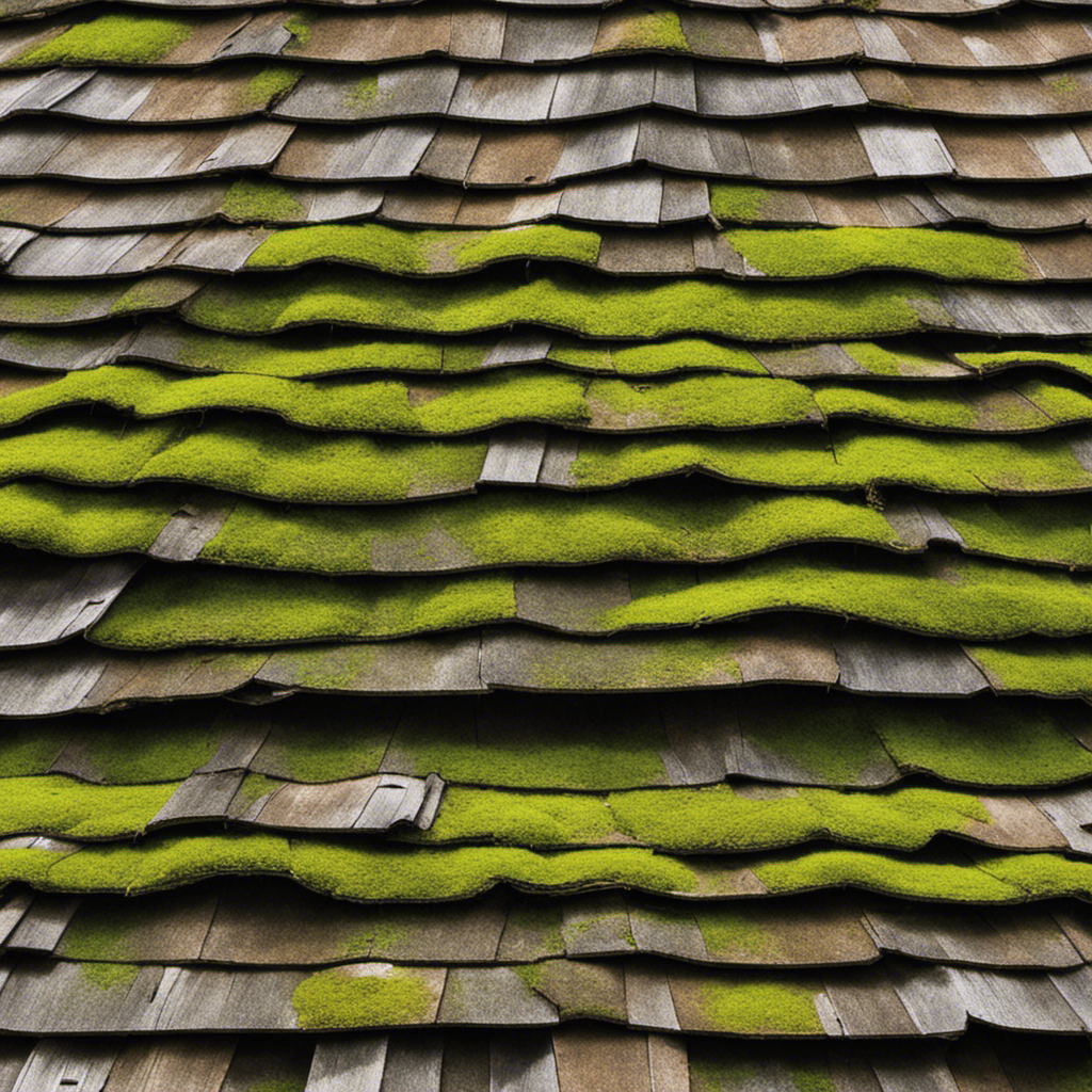 An image capturing a dilapidated roof with missing shingles, sagging beams, and an abundance of moss, showcasing the signs of neglect, poor maintenance, and severe damage that render a roof uninsurable