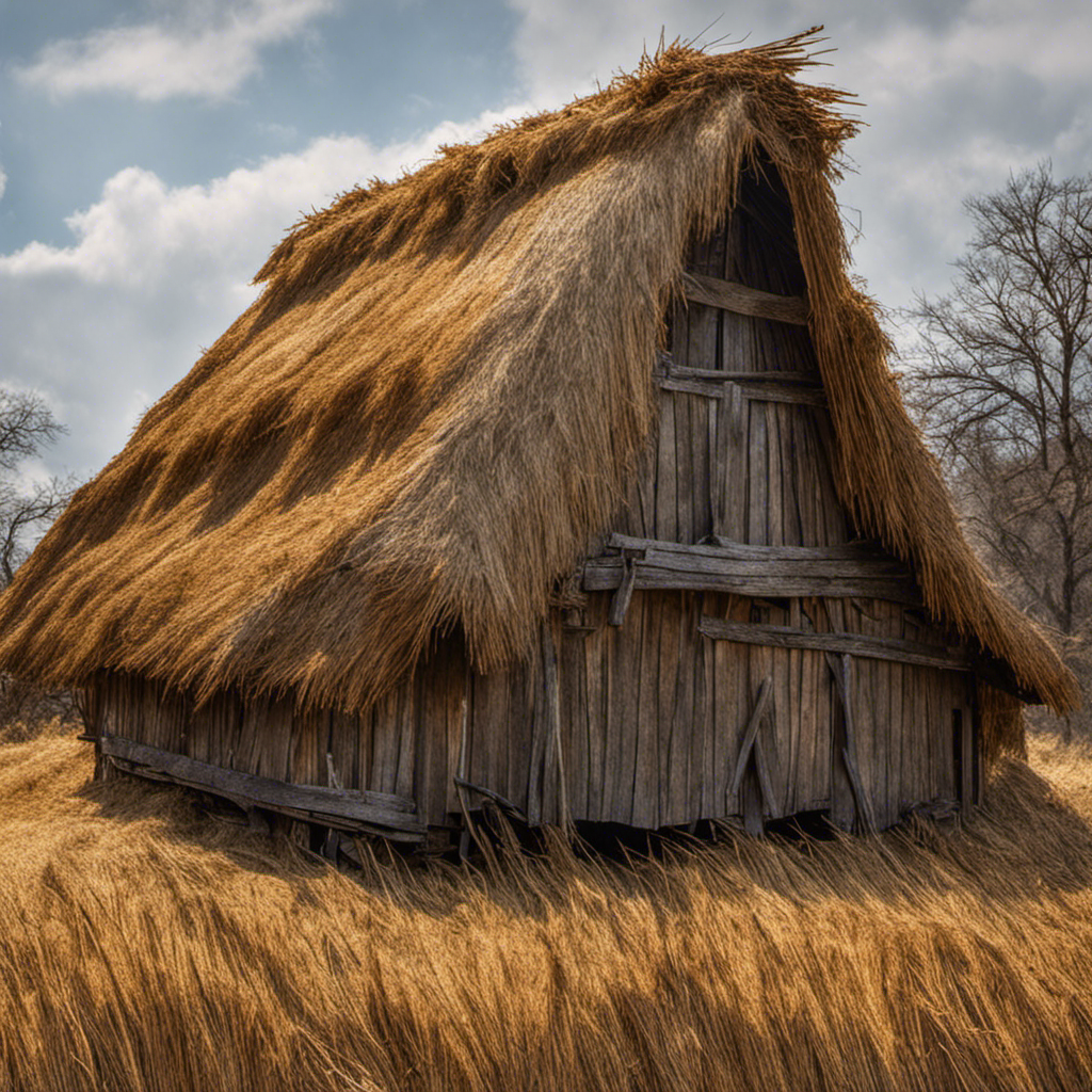 An image showcasing a dilapidated thatched roof, with disheveled, straw-like strands falling apart, revealing patches of bare wood underneath