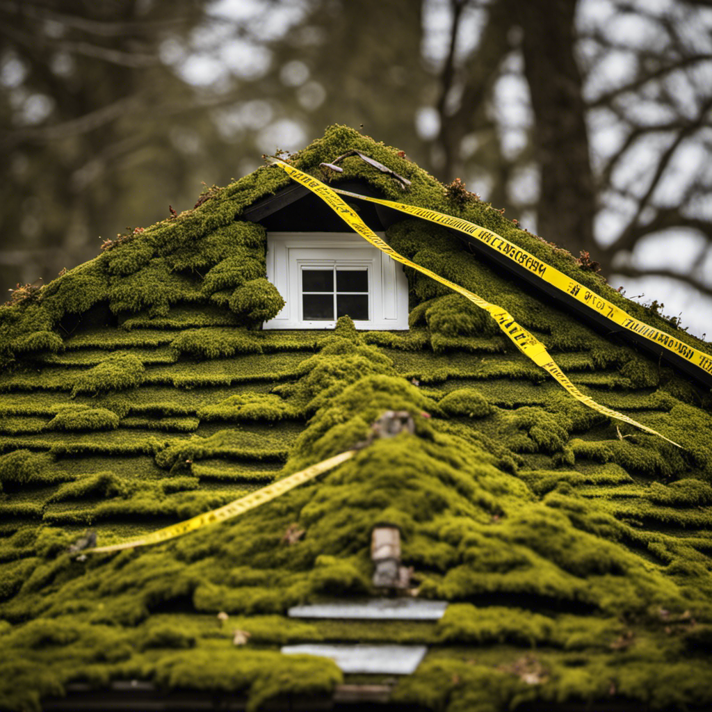 An image showcasing a steep, moss-covered roof with loose shingles, surrounded by caution tape and warning signs