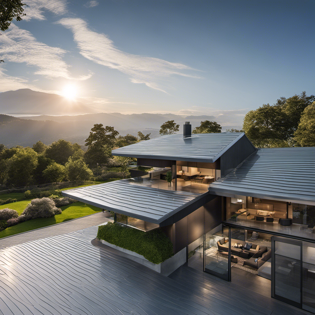 An image showcasing a well-maintained, moss-free roof with a uniform coating of sleek, reflective silver coating