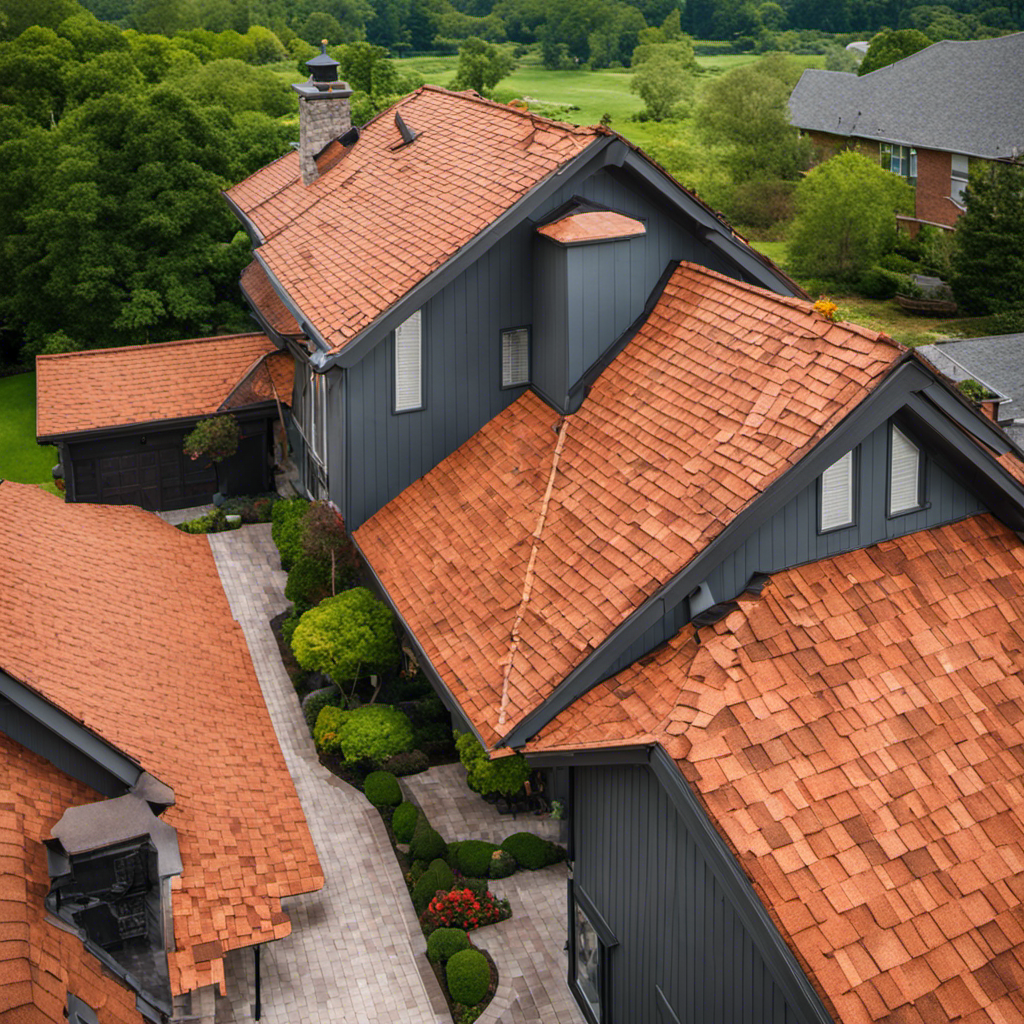 An image showcasing three different roofing systems: a traditional asphalt shingle roof, a metal roof, and a clay tile roof