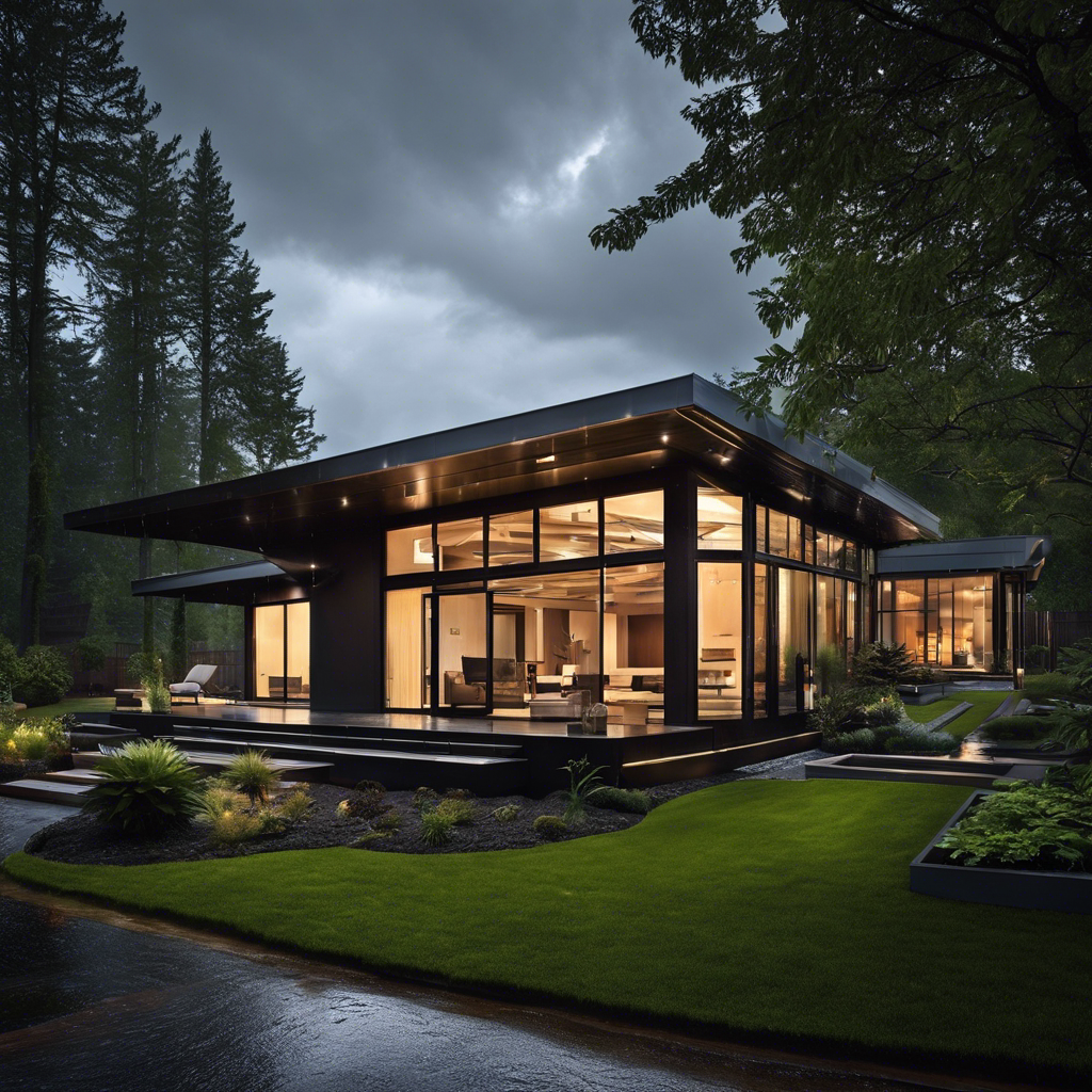 An image showcasing a modern house with a metal roof during a heavy rainstorm, capturing raindrops effortlessly sliding down the sleek, uninterrupted surface, demonstrating the superior leak resistance of metal roofs compared to shingles