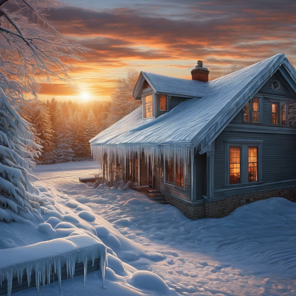 An image capturing a frost-covered rooftop at sunrise, with icicles dangling from the eaves
