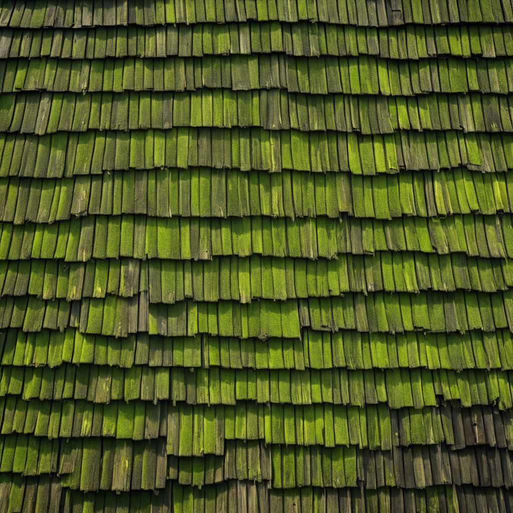  an aerial view of a weathered, moss-covered roof, its shingles cracked and discolored