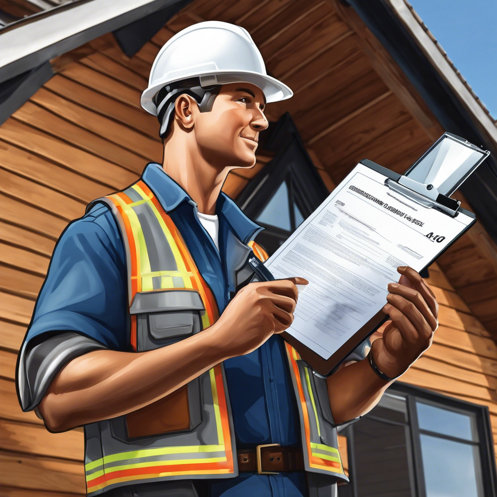 An image showcasing a roofer's guarantee: a confident roofer in a hard hat, holding a clipboard, inspecting a pristine roof with a magnifying glass, ensuring quality craftsmanship and durability