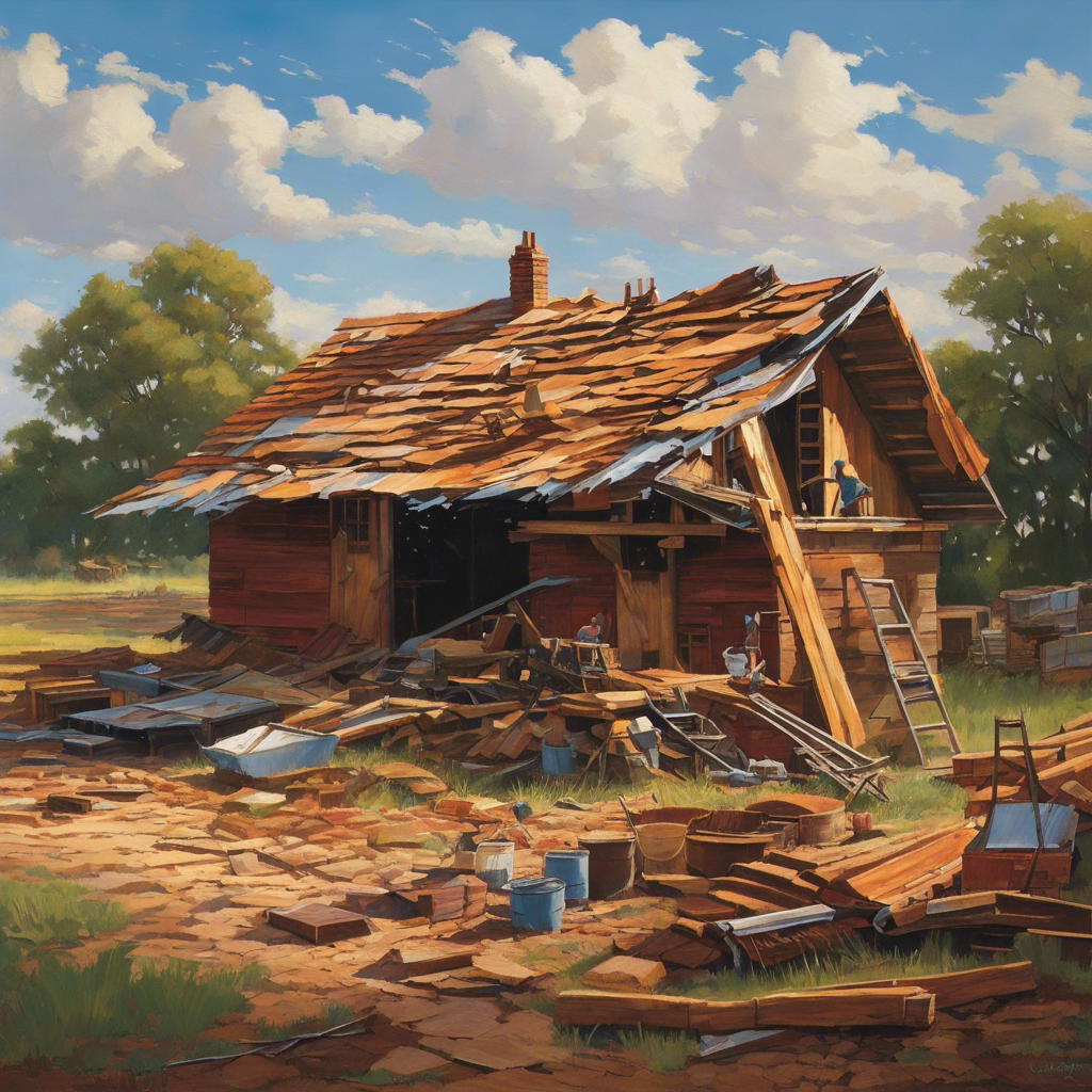 An image showcasing a roof being meticulously torn off bit by bit in Oklahoma's vibrant landscape, revealing the underlying structure