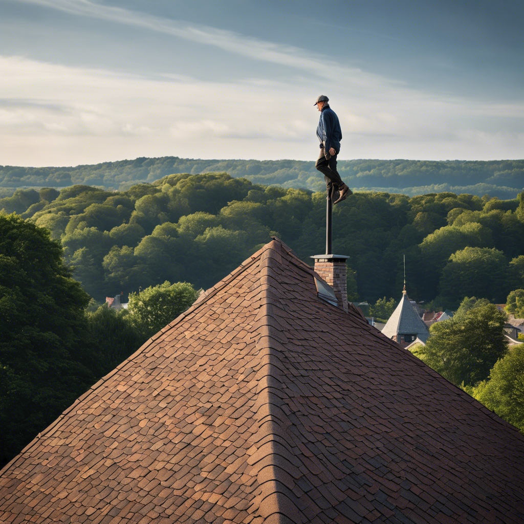 An image showcasing a person confidently walking on a shingle roof, their weight evenly distributed, showing the sturdy construction and durability of shingles, sparking a discussion on the safety of walking on such roofs