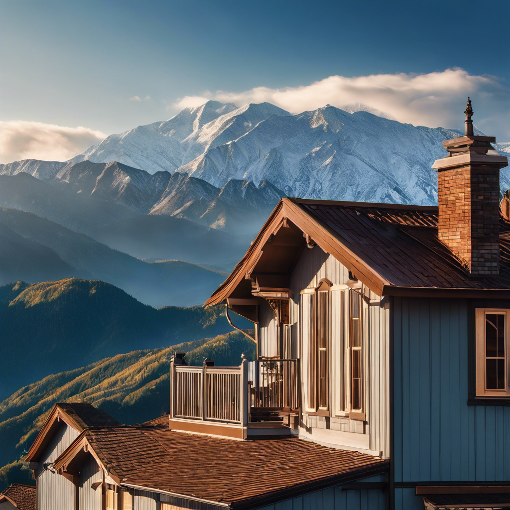 An image showcasing a person standing on a sturdy, well-maintained house roof, enjoying a breathtaking view of mountains and a clear blue sky
