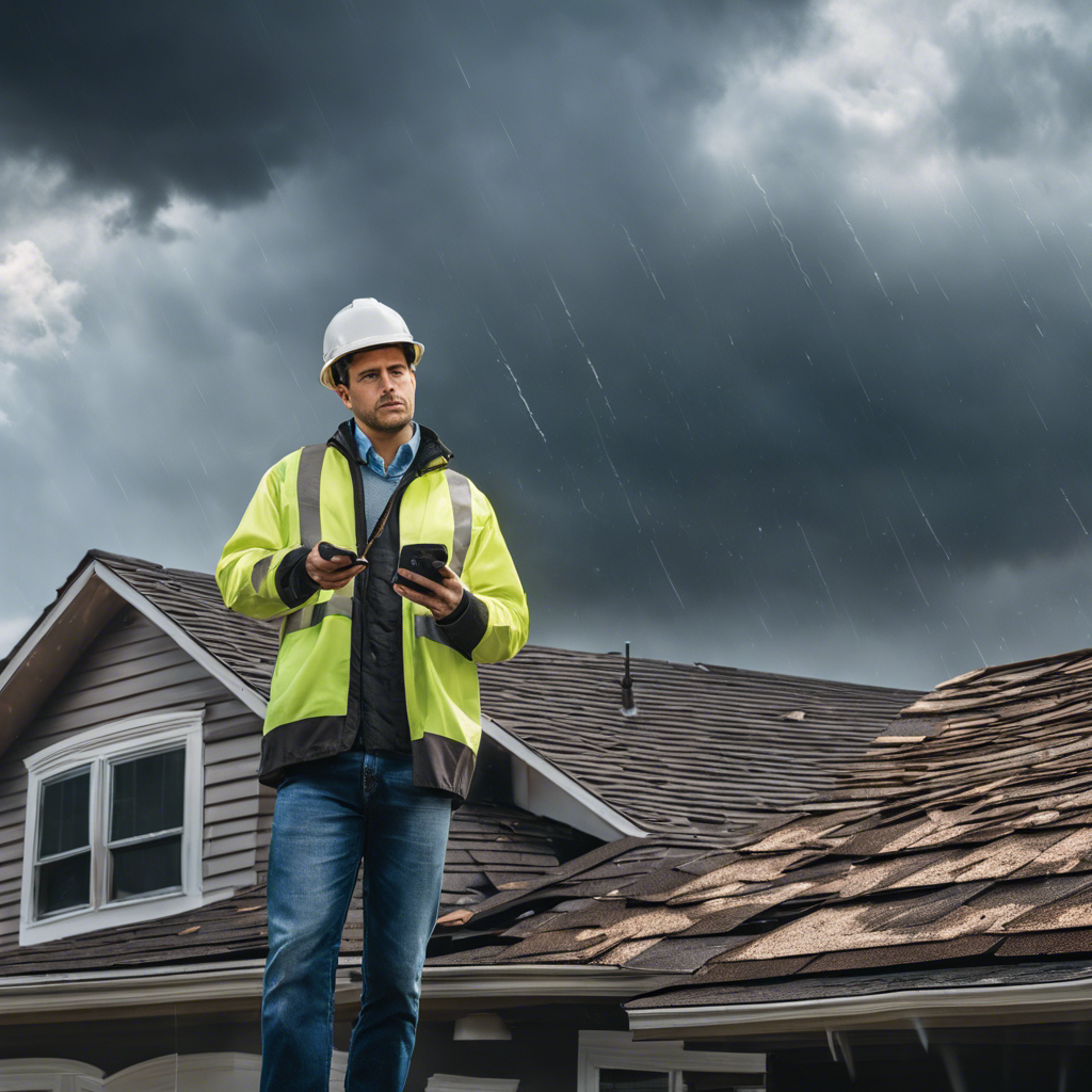 An image featuring a person standing in front of a damaged roof, holding a phone with a hesitant expression