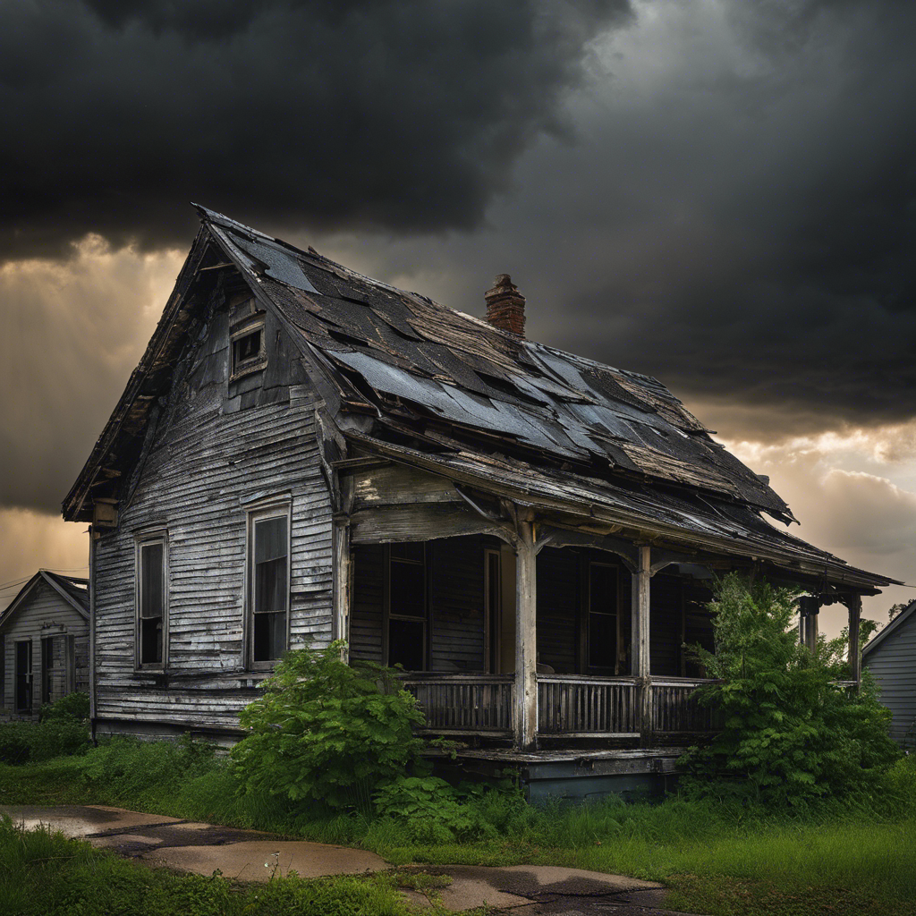  an image of a dilapidated roof, with cracked and missing shingles, surrounded by dark rain clouds
