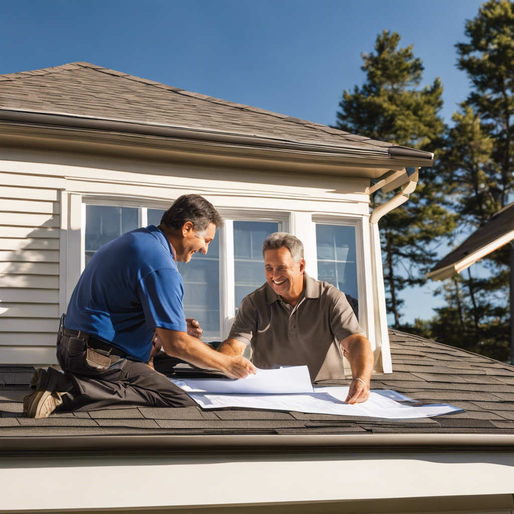An image of a homeowner handing over a detailed insurance estimate to a roofer, both standing on a sunlit roof