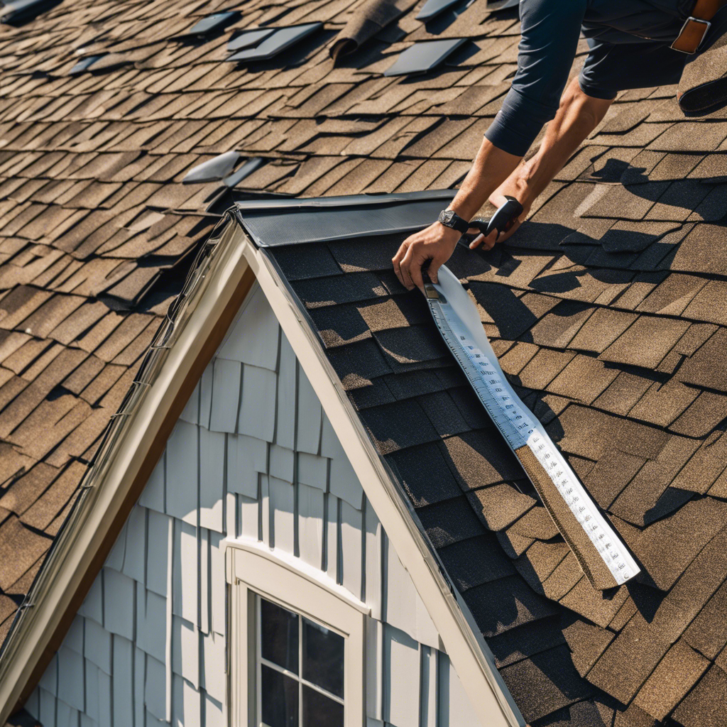 An image showcasing a close-up view of an insurance adjuster examining a roof, meticulously inspecting for hail damage with a magnifying glass, measuring tape, and a notepad, surrounded by shingles and a ladder