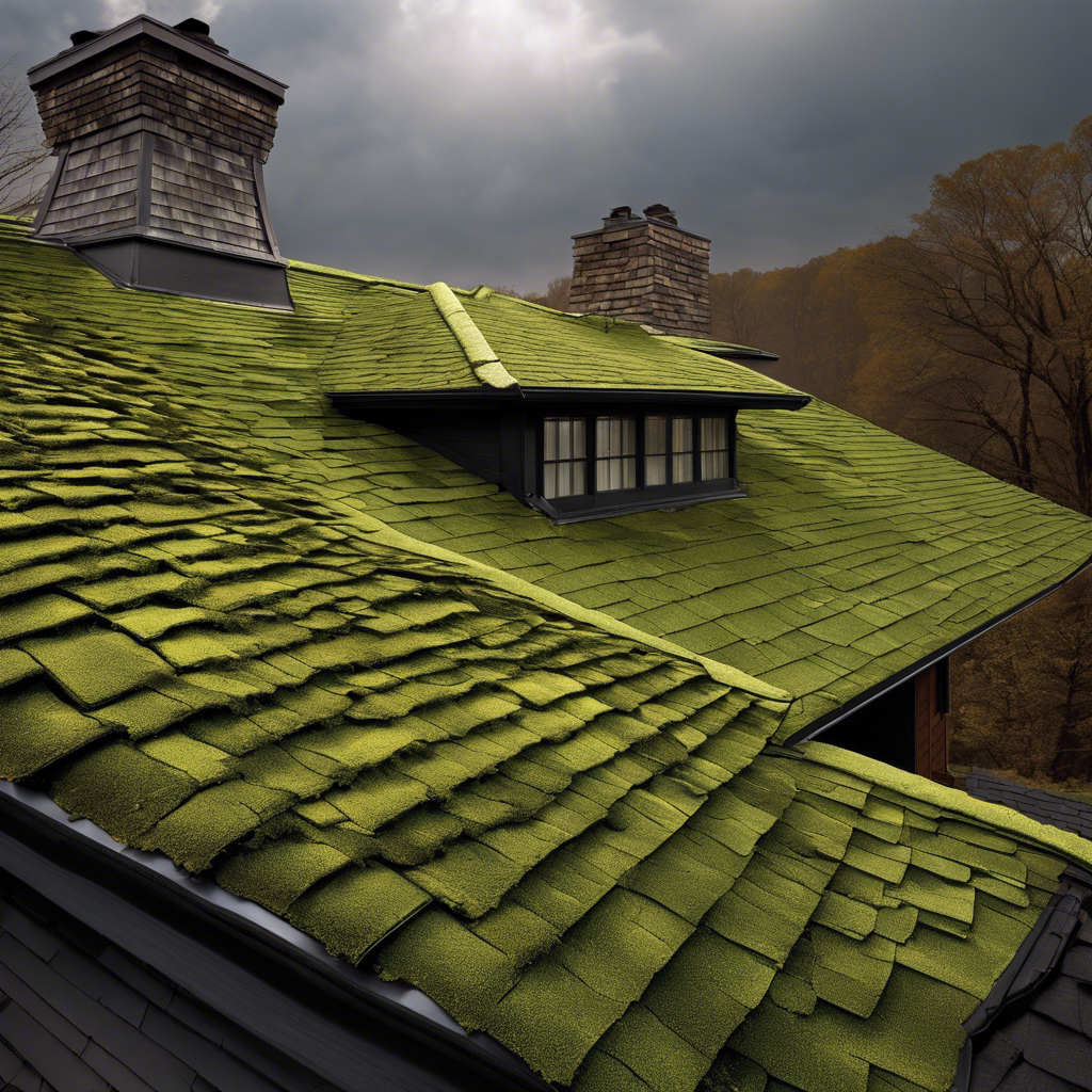 An image capturing the destructive forces that degrade asphalt shingles: relentless UV rays piercing through a cloudless sky, hailstones relentlessly hammering down, and the creeping tendrils of moss infiltrating the vulnerable surface