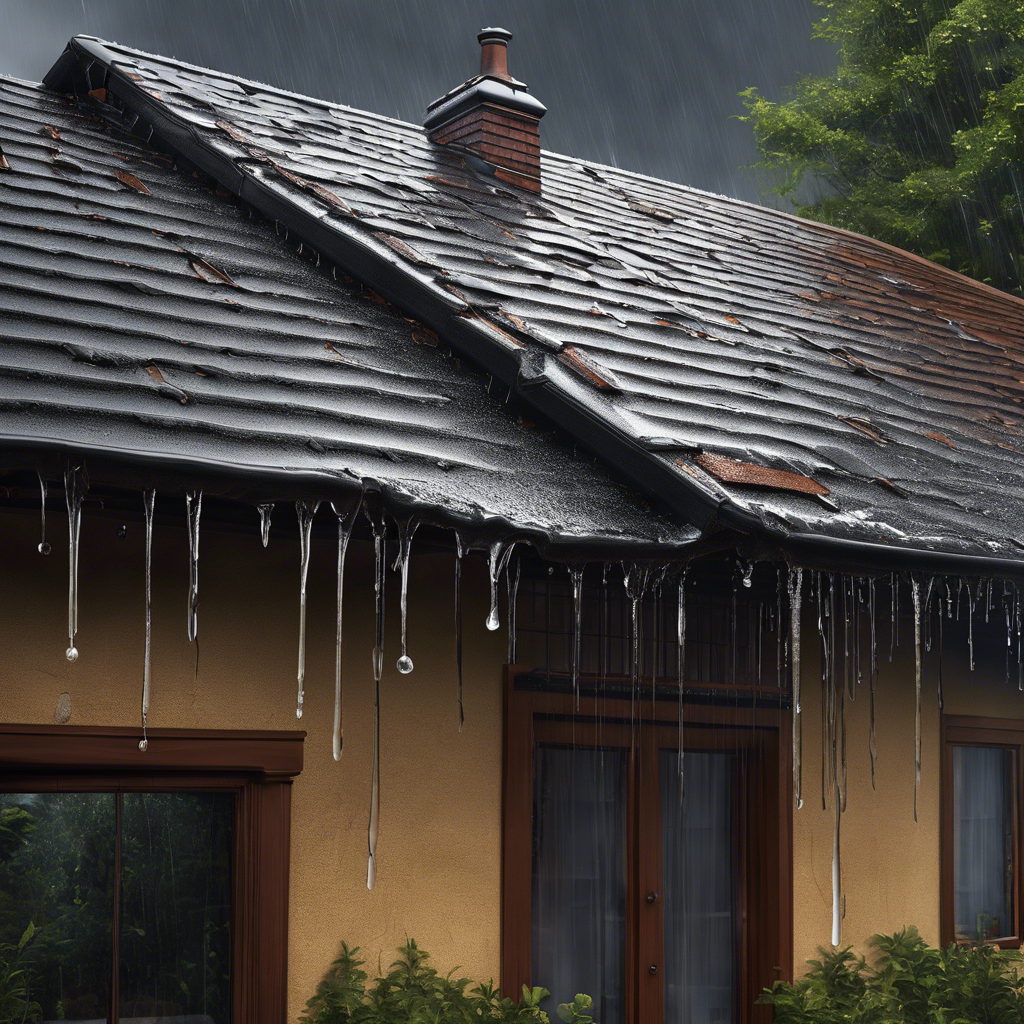 An image showcasing a rain-soaked roof with visible signs of leakage, featuring water dripping through cracks, sagging areas, and weakened beams, portraying the imminent threat of collapse