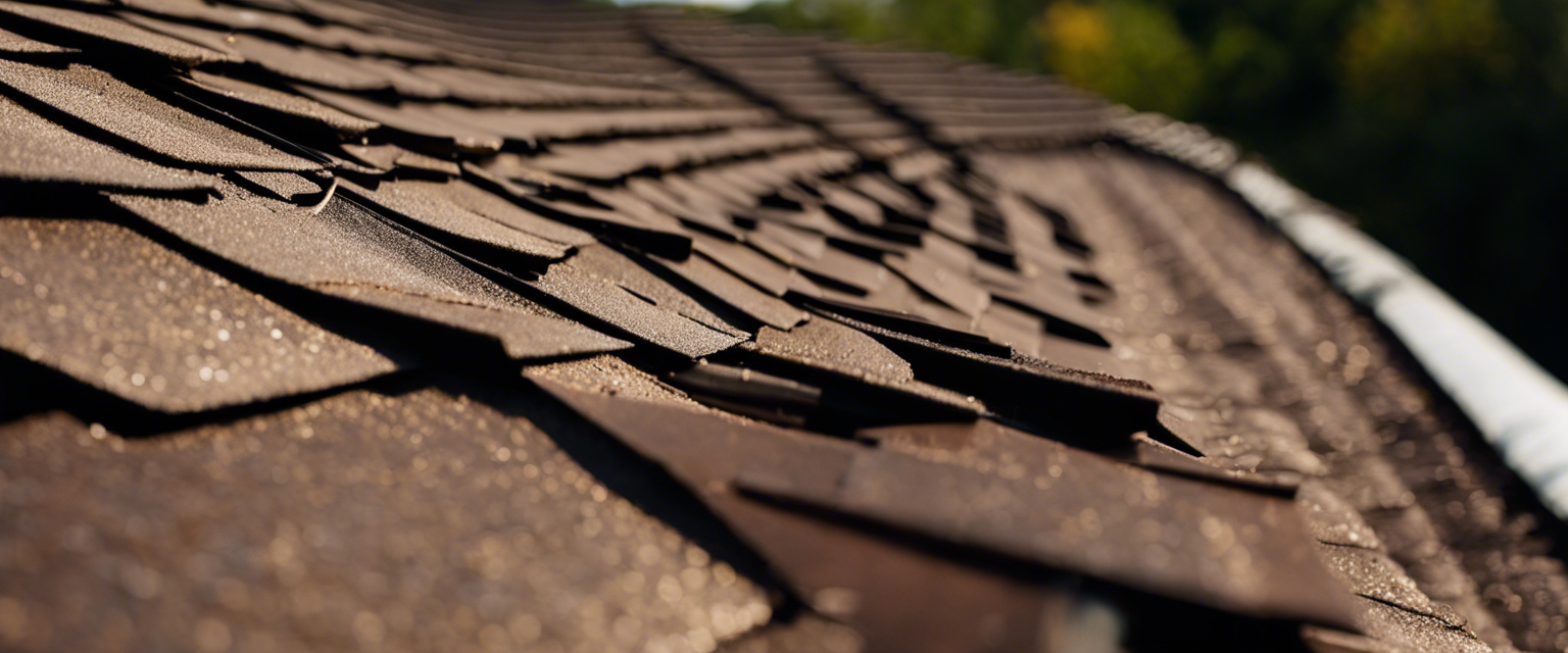 An image capturing a close-up view of a weathered roof in Tulsa, revealing curled and missing shingles, sagging gutters filled with debris, and evident water stains, highlighting the common roofing issues found during inspections