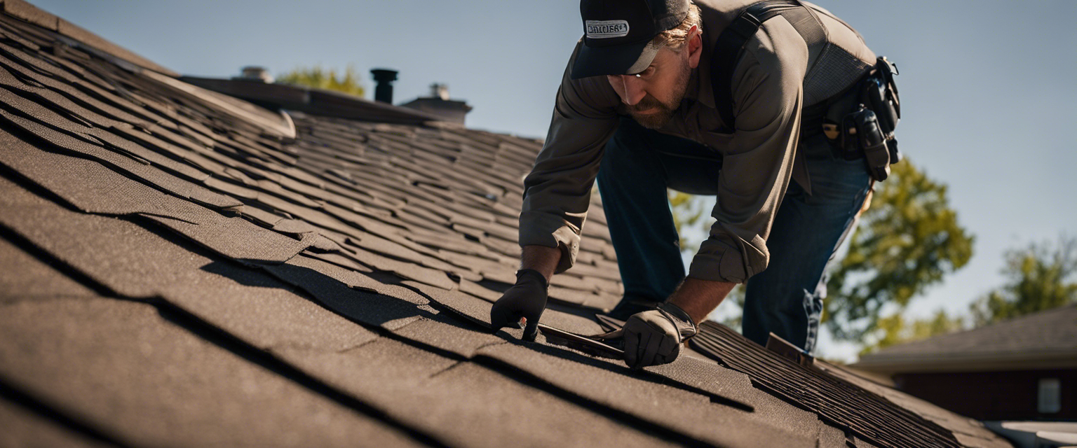 An image depicting a professional roof inspector in Tulsa, meticulously examining shingles, gutters, and chimney for signs of wear and tear