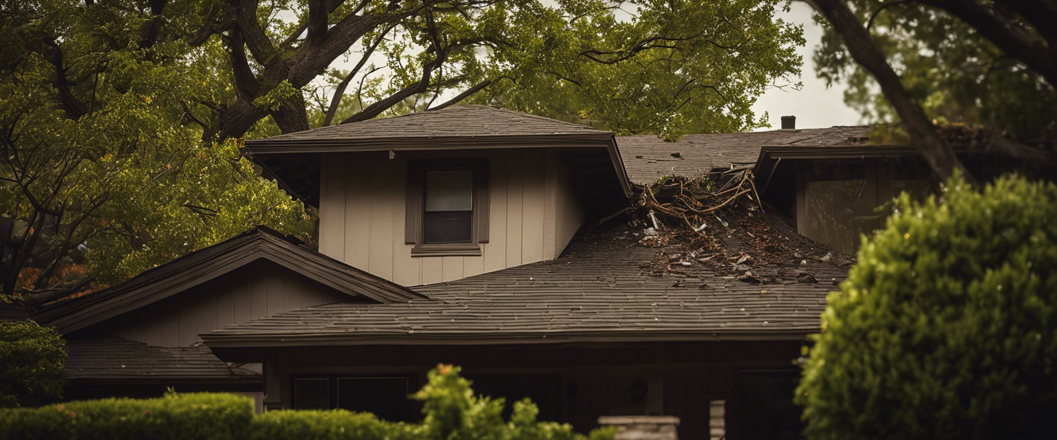 An image showing a Tulsa home with a damaged roof after a storm, displaying shingles scattered across the yard, tree branches entangled in the gutters, and rainwater pooling on the roof's surface