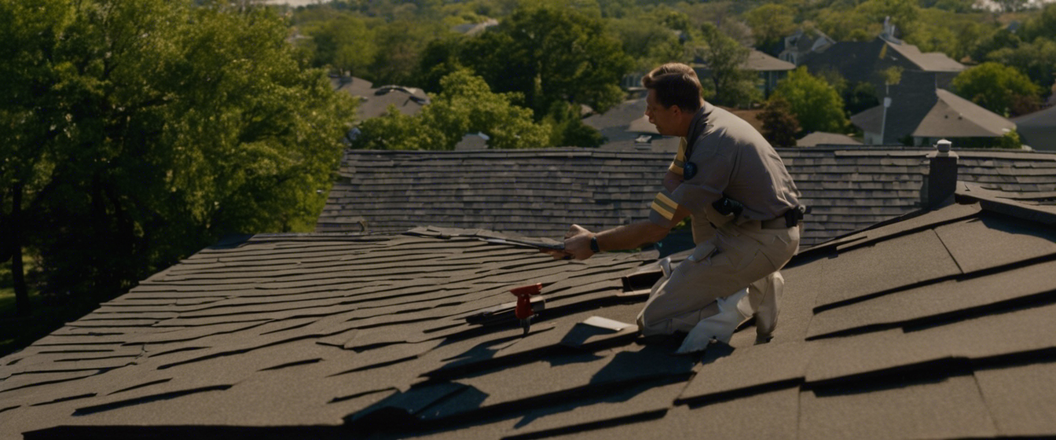  an aerial view of a professional inspector meticulously examining the sturdy, weathered rooftops of Tulsa homes