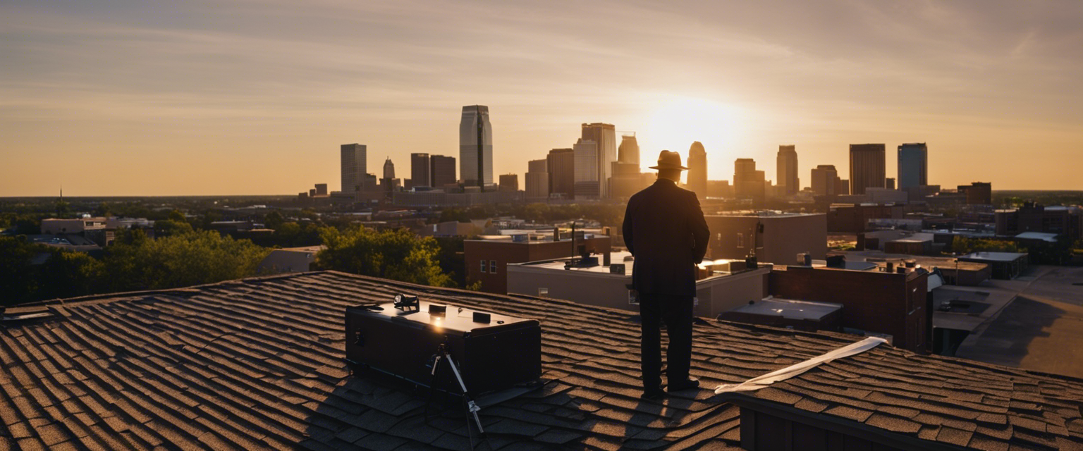 An image capturing a panoramic view of Tulsa's skyline at sunrise, with a professional inspector on a rooftop, closely examining shingles, gutters, and chimneys
