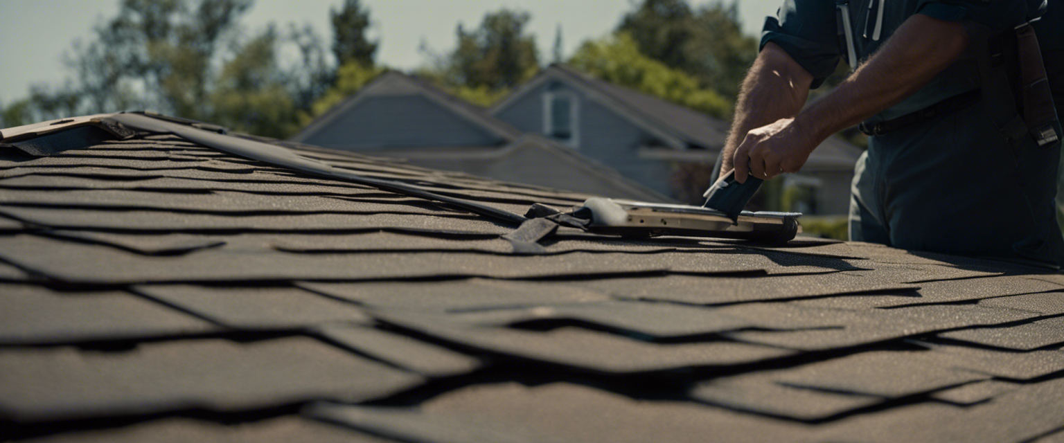Clear, high-resolution image of a professional inspector examining a roof in Tulsa, using specialized tools to identify potential issues such as loose shingles, leaks, and structural damage