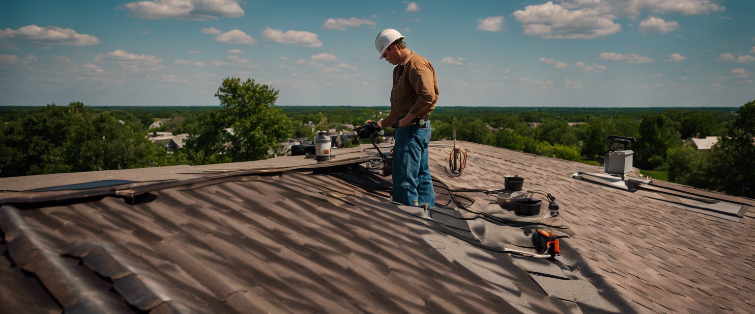 An image showcasing a professional roofer examining a well-maintained rooftop of a Tulsa rental property, highlighting the meticulous inspection process, precision tools, and the potential savings and peace of mind it brings
