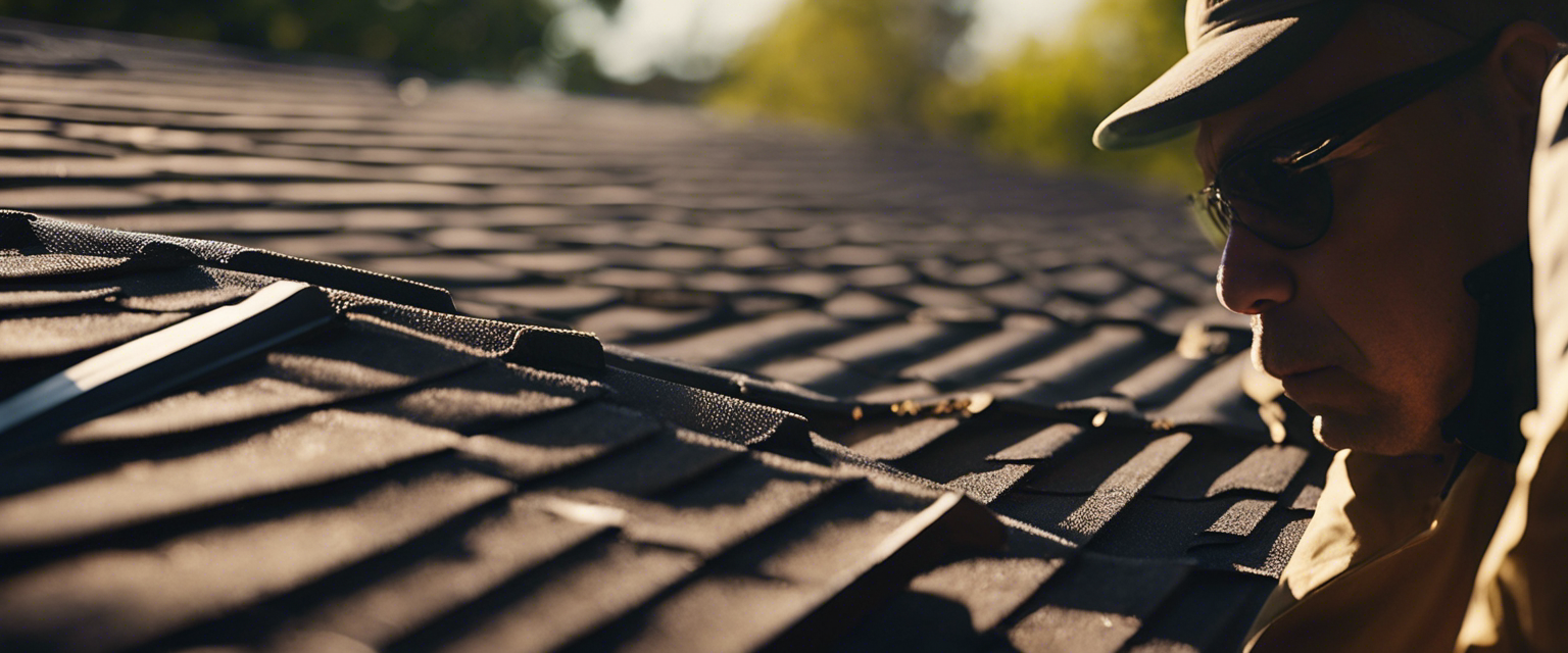 An image capturing a close-up of a professional inspector examining a residential roof in Tulsa, with the sun shining on their face, revealing the intricate details of roofing materials and ventilation system