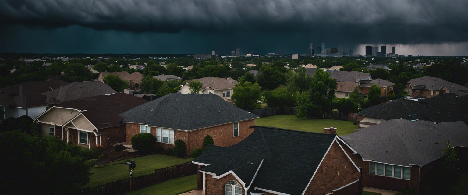 An image showcasing a stormy sky over Tulsa, with rain pouring down and lightning illuminating damaged rooftops