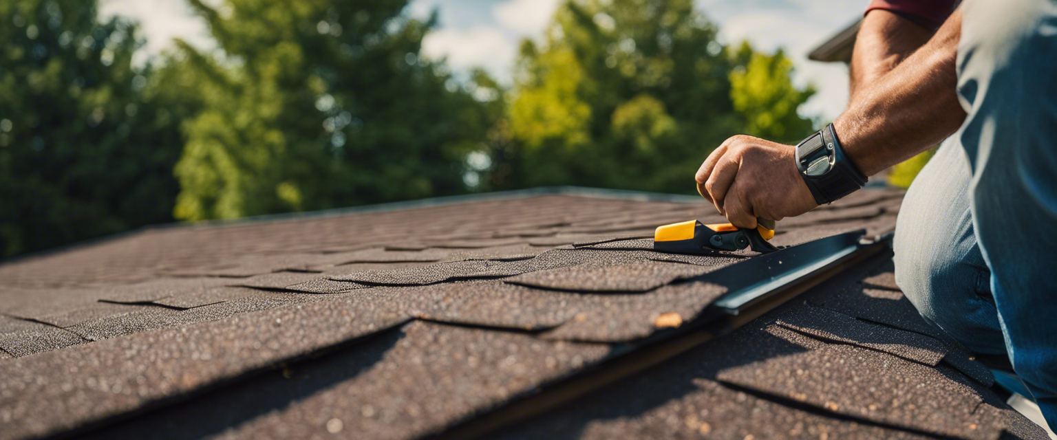 Create an image showcasing a close-up shot of a skilled roofer expertly inspecting a Tulsa homeowner's roof, meticulously examining shingles, gutters, and flashing with specialized tools, ensuring long-lasting protection and peace of mind