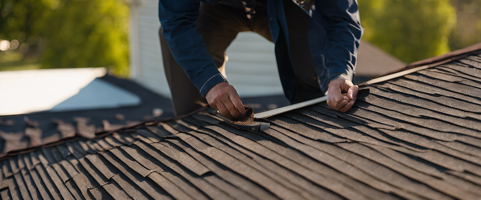 An image showcasing a close-up view of a Tulsa home's roof, with a professional inspector examining its shingles, gutters, and chimneys, ensuring a thorough inspection process before buying or selling